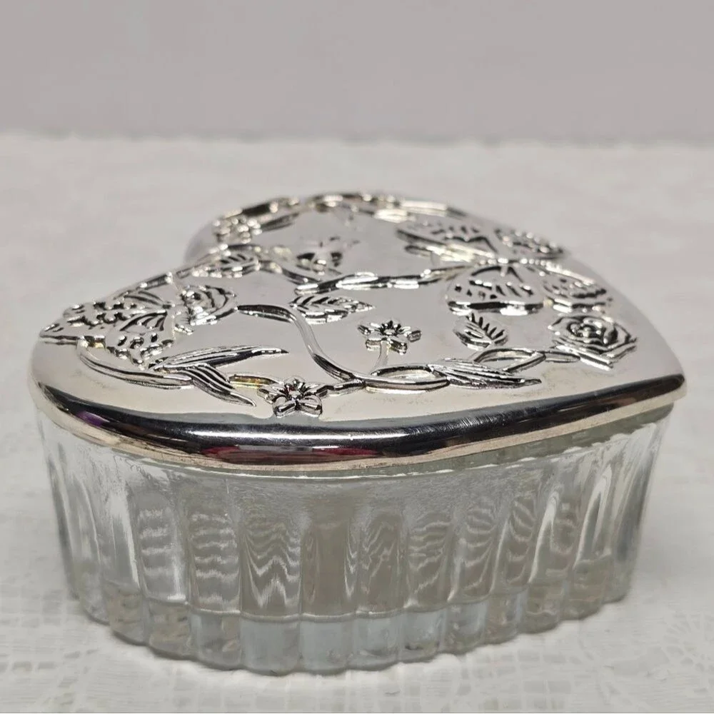 Vintage Silver Plated Butterfly Floral Lid Heart Shaped Glass Trinket Box